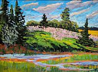 Front view of the oil on board painting showing the colorful landscape with fireweed flowers and pine trees, signed lower left.