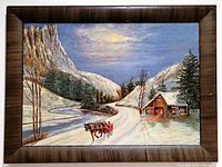 Full frontal photo of the framed oil painting showing the winter landscape with a horse and sleigh, barn, and snowy mountains