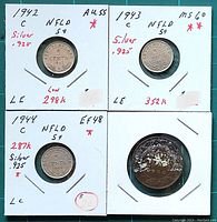 Four coins displayed in coin flips with notes indicating year, silver content, grading, and mintage figures. Includes three Newfoundland 5 cent coins from 1942, 1943, 1944, and one large Canadian one cent coin from 1900 in poor condition.