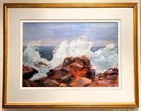 Frontal view of the entire framed ocean wave painting by John D. Bowman showing frame and matting