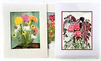 Group of three watercolour floral paintings, matted, showing varied flowers, vibrant colors, and white backgrounds.