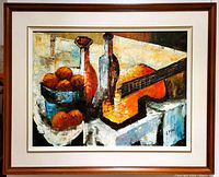 Full view of framed mid-century modern still life oil painting showing composition and frame.