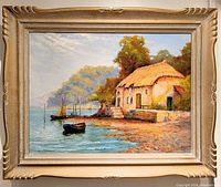 Frontal view of the oil painting and frame showing the entire artwork and frame design.