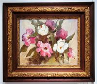 Full front view of oil painting in ornate wood frame showing floral subject and frame details.