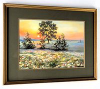 Framed original oil on paper painting by O. Cherniak hung on wall showing the full artwork and frame.