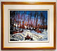 Framed original oil painting by Pierre Jeannotte showing a winter landscape with snow, trees, and colorful foliage under a deep blue sky.