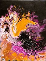 Close-up view of the acrylic abstract painting showing detailed fluid textures and vibrant colors of purple, orange, black, and white.