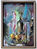 Full frontal photo of the framed abstract acrylic and ink still life painting in vibrant colors, signed lower right.