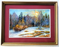 Framed acrylic painting showing winter landscape with leafless trees and snow patches, double matted red and under glass in a vintage gold frame.