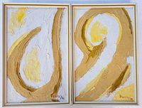 Pair of two framed abstract modern oil paintings with organic shapes and yellow-white-tan palette, signed lower right Pierre 74.
