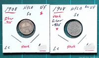 Both 1908 Newfoundland 5 cent silver coins displayed together in protective coin flips with handwritten labels showing details including year, silver purity (.925), grade UF, and mint mark 400k.