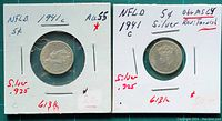 Two 1941-C Newfoundland five cent silver coins in individual coin flips with handwritten labels indicating .925 silver content, AU 55 grade, and weight 6.13g each.