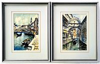 Both framed watercolour paintings side by side, showing Venice scenes with gondolas and bridges.
