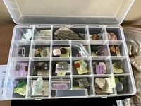 Photo of first plastic compartment case with assorted labeled rock and mineral specimens visible inside each compartment.