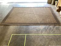Full view of tan/beige rug with brown border on a concrete floor.