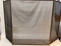 Front view of antique brass fireplace grate with mesh screen folded flat, showing its full height and width.