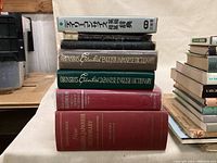 Stack of hardcover Japanese-English and English-Japanese dictionaries, with titles visible including Obunsha Essential series and Shogakukan New Japanese-English Dictionary.