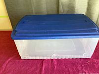 Rubbermaid clear plastic container full view with blue lid closed, showing size and condition.