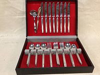 Full view of the silverware set inside the open box showcasing knives, forks, and spoons neatly organized.
