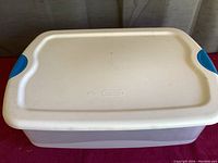 Photo showing top view of the white lid with in-molded blue handles and clear plastic container base.