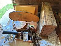 View of all items showing rustic wooden box, hammer, chain, wood signs and bottle boxes