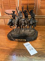 Front view of bronze sculpture showing four riders and plaque on base.