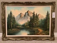 Front view of the framed oil painting showing the entire artwork and wood frame.