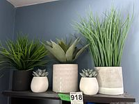 Full view of five faux plants in ceramic planters, showing grass-like and succulent varieties, various pot styles and colors.
