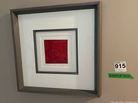 Front view of framed limited edition textured red print with abstract line design and signature Gillette, showing numbering 383/750 on bottom left.
