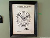 Framed patent reproduction print of Alexander Gleason's Time-Chart patented May 23, 1871, showing detailed schematic design with map projection and patent figures.