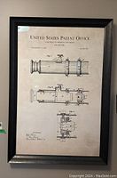Full view of the framed United States Patent Office patent print depicting a telescope patent with detailed technical drawings.