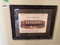 Framed vintage railway print showing a detailed colored illustration of a Standard No. 036 Light Weight Single Motor railway car labeled 428, mounted in an antiqued wooden frame.