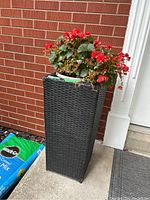 Full view of tall black resin woven planter with red flowering plant on brick porch, bag of soil seen in background not included