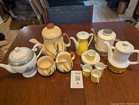Overview photo shows seven teapots and pitchers with various MCM designs on wooden table.