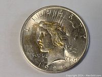 Obverse side of the 1925 USA Silver Peace Dollar coin showing Liberty with crown and year 1925.
