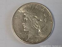 Obverse side of the 1928 Peace Dollar coin showing Lady Liberty profile with inscriptions.