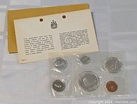 Coins in original sealed plastic packaging with paper explanatory insert visible