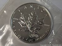Close-up image of the 1999 Canadian Silver Maple Leaf coin face with inscriptions and maple leaf design sealed in plastic.