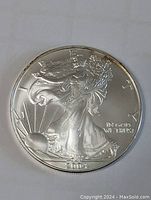Obverse side of 2004 American Silver Eagle coin showing Lady Liberty walking with the rising sun.