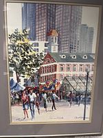 Framed limited edition print painting of Faneuil Hall in Boston with people and cityscape.