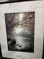 Framed painting titled 'Peaceful Waters' showing swans on a lake with tree branches and sunlight