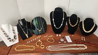 Full lot view showing multiple necklaces on bust displays and laid on table, earrings, bracelets, brooches, and pins arranged in front.