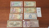 Image showing a selection of paper currencies from multiple countries including Jamaica, Brazil, Nicaragua, Mexico, and Paraguay, laid out on a wooden surface.
