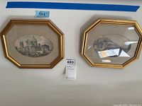 Two vintage lithographs in octagonal gold frames under glass, placed side by side, with a label showing dimensions 9x11 inches