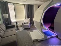 Room with Harmonic Egg chamber next to modern furniture including couch and armchair, showing overall setup.