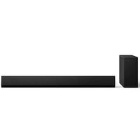 Front view of soundbar with wireless subwoofer to the right
