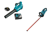 Blower with battery and charger alongside hedge trimmer
