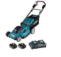 Makita cordless self-propelled lawn mower with two batteries and dual port charger