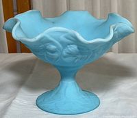 Blue satin glass compote candy dish with fluted, ruffled edges and WaterLily pattern on pedestal base.