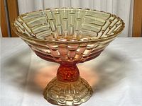 Side angle of the vintage Amberina candy dish showing the red to orange amber gradient and textured ribbed pattern.